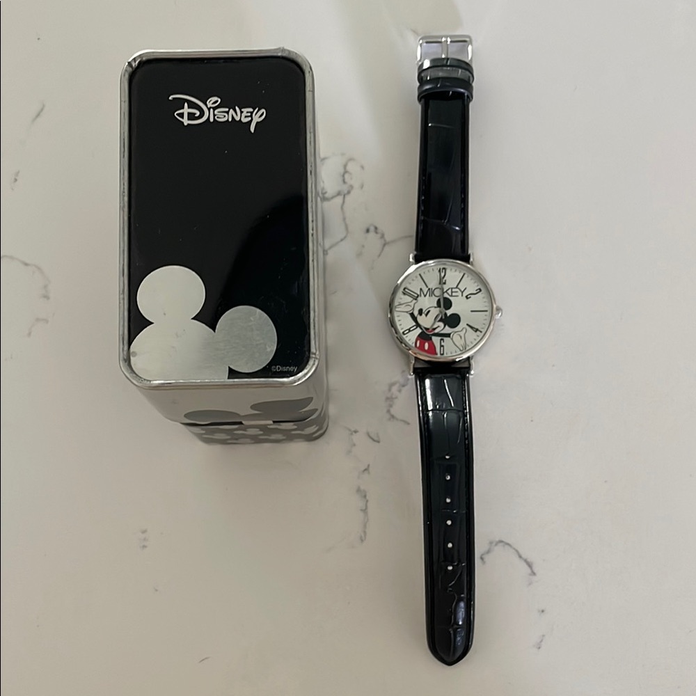 Vintage Disney Black and Silver Mickey Mouse Watch women’s men’s kids tin case